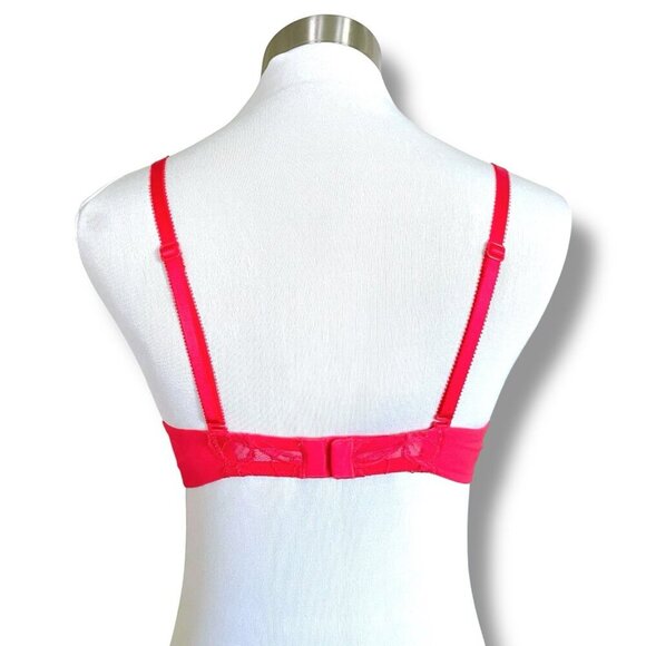 Victorias Secret 34A Bra Red Pink Lace Padded Push Up Balconette Underwire Bows - Picture 6 of 9